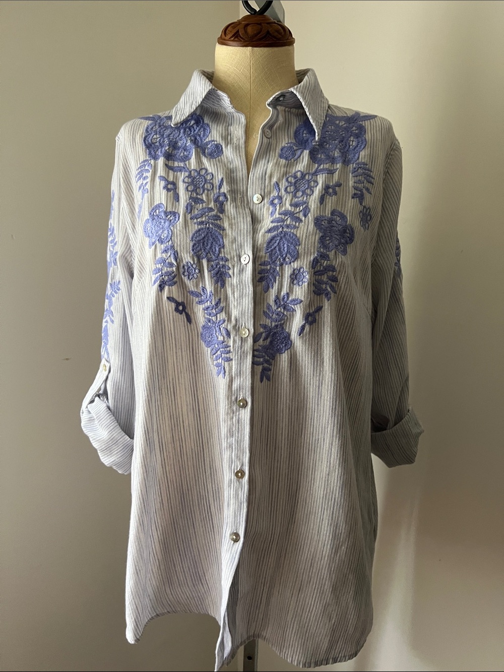 Paparazzi Light Blue Striped Button-Down Shirt with Blue Floral Embroidery